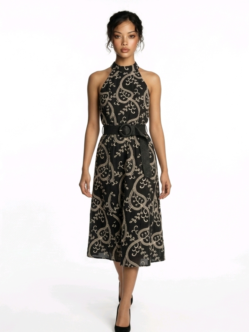 Anne Klein Black Midi Dress with Cream Paisley Motif and Belt